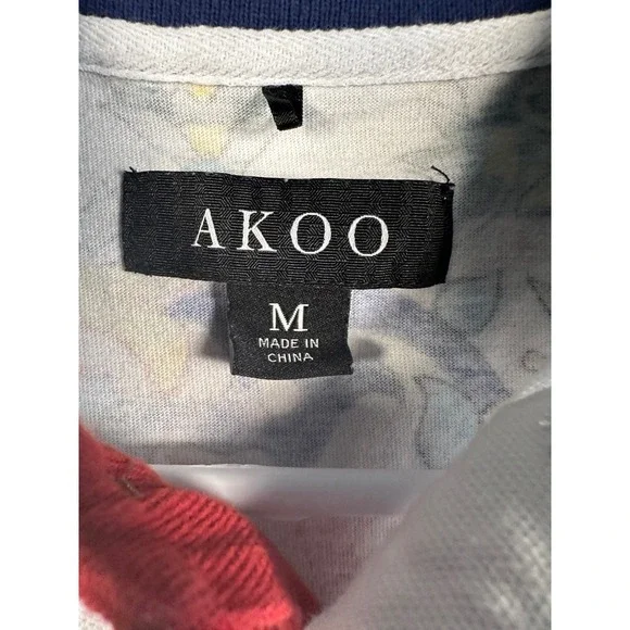 AKOO Mens White Tile Print Split Design Short Sleeve Polo Shirt Medium - Picture 2 of 9